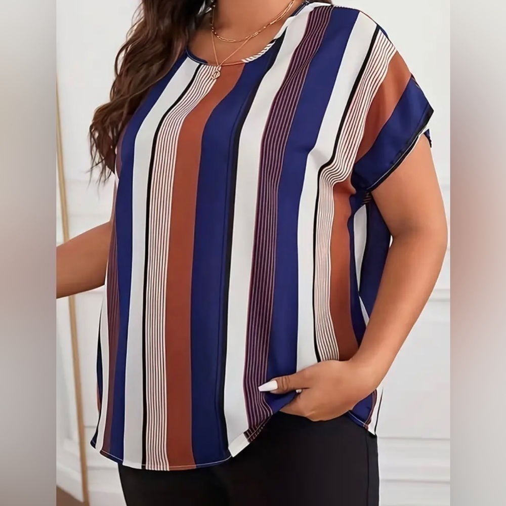 Plus Size Striped Blouse Casual Short Sleeve Blouse Women's Plus Size